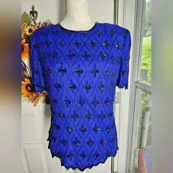 Vintage beaded top by Scala blue and black size M - Picture 1 of 5